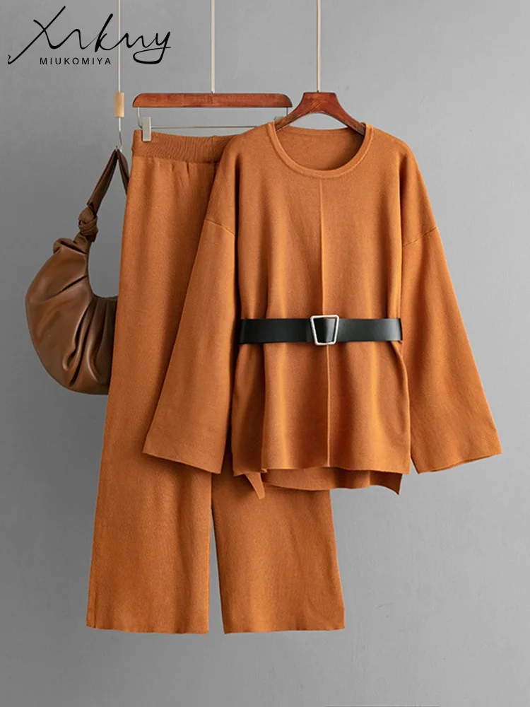 

Вязаный комплект из двух предметов, женский пуловер, свободный однотонный свитер с круглым вырезом и поясом, эластичная талия, широкие трикотажные брюки, комплект для женской одежды