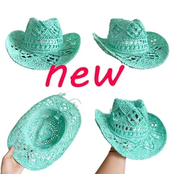 Hand-painted straw cowboy hat new color mint green hollow malan flower men and women summer sun hat western cowboy hat sombrero