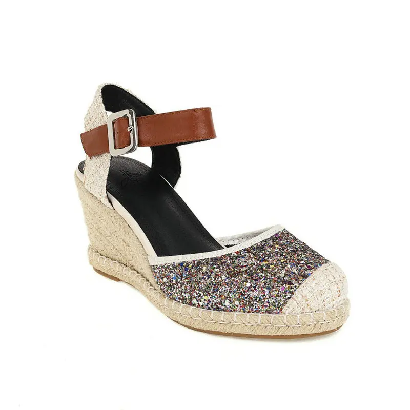 QPLYXCO Sequined Glitter Bling Summer Shoes For Woman Close Toe Mary Janes Hemp Platform Wedges Heels Women Espadrilles Sandals