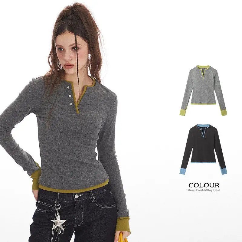 

HeyHenry American Sle Long Sve Slim Fit Base Layer Top Women's Retro T-irt ort Sle Fake Two-Piece Autumn Faion