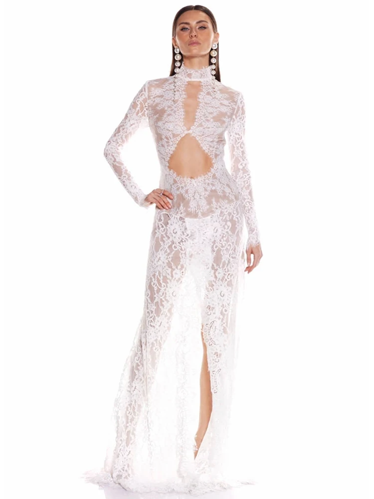 VC Sultry Sexy White Lace Long Sleeves with Cutout & Slit Sheer for Parties Wedding Gown