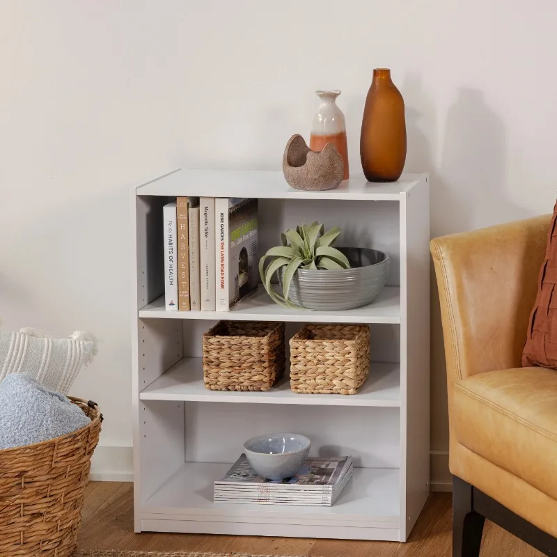 3-Shelf Bookcase with Adjustable Shelves, White/Solid Wood/Closed Back/Display Bookshelf for Living Room, Bedroom,