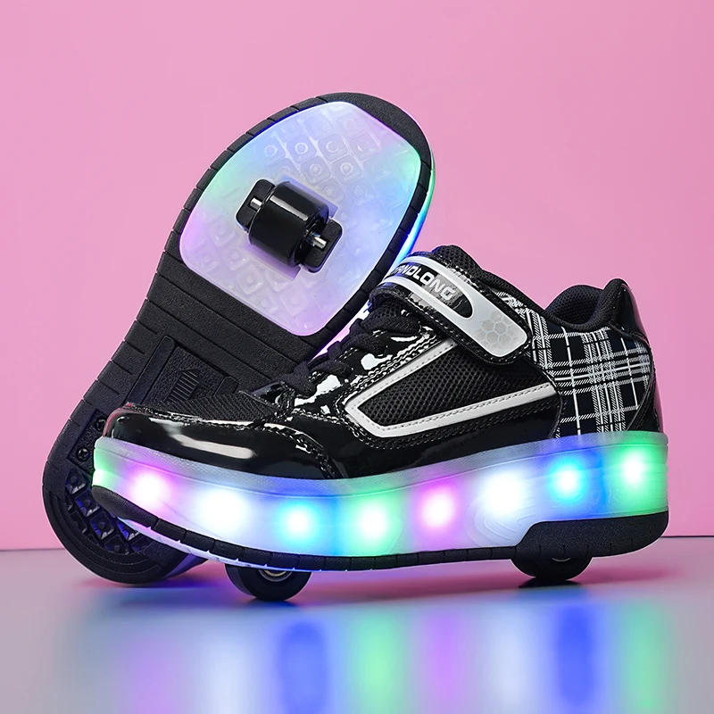 29-43 Fashion Children Two Wheels Glowing Sneakers LED Light Roller Skate Shoes Kids Boys Girls Swivel Buckle Sport Casual Shoes