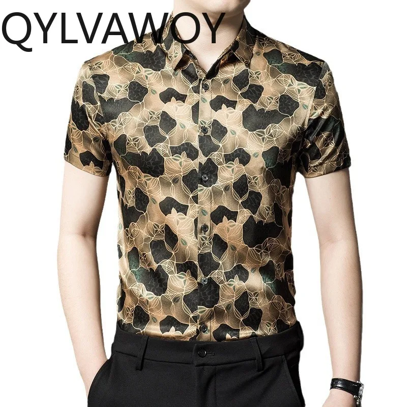 QYLVAWOY 90.8% Mulberry Silk Men's Shirts Heavyweight Shirt Short Sleeve High Quality Shirts for Man Casual Summer Tops Business