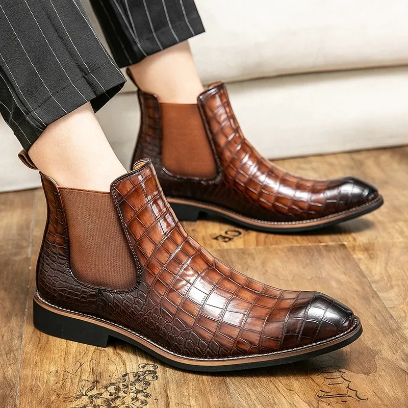 New 2024 Autumn Men Leather Ankle Boots Slip on Casual Shoes Fashion Plaid Design Chelsea Boot Men High Top Botines image 2