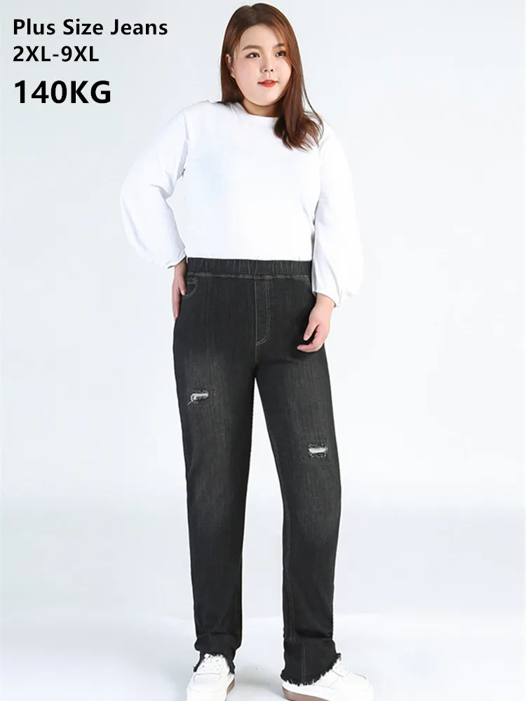 Scratched Jeans Women Black Ripped Plus Size 140KG 5XL 6XL 9XL Girl Stretched Slim Fit Pencil Denim Pants High Waisted Trousers