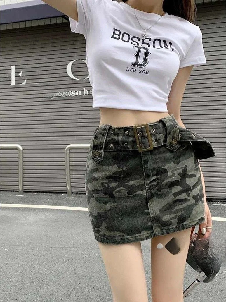 

Американская камуфляжная джинсовая юбка с высокой талией, облегающие юбки трапециевидной формы в стиле ретро для женщин, летние модные универсальные