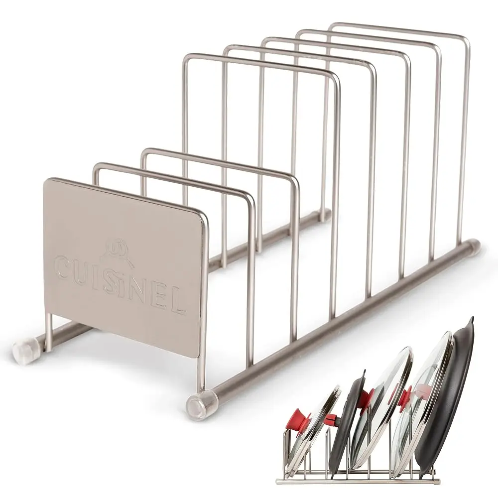

Lid And Dish Organizer Ra - Satin Nickel Silver Kitchen Storage Organization Stand - Plate Holder, Pan/Pot Covers, Cutting