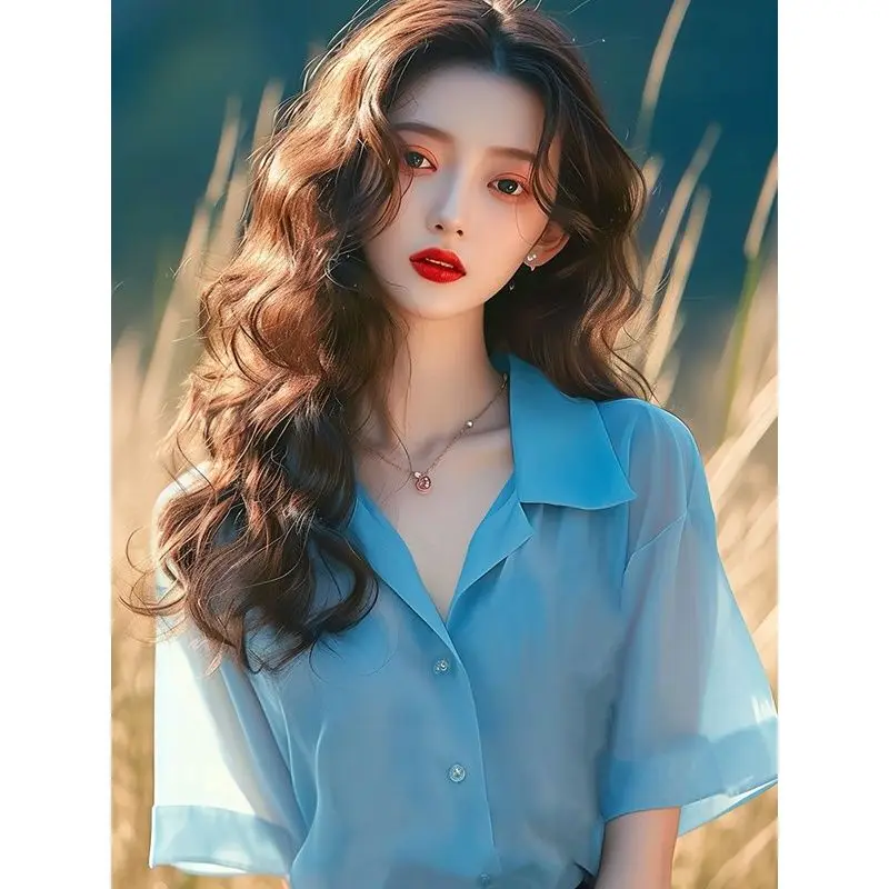 

French Unique Top Blue Chiffon Short Sleeved Blouse for Women Summer