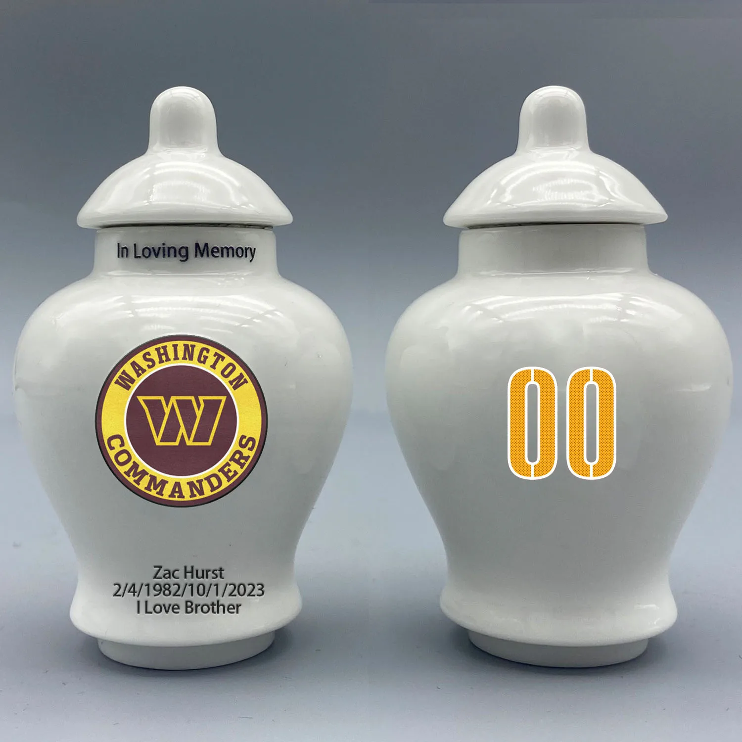 Mini Urn for Washington Commander-themed Logo Urn.Please send me the customization information - name/date and number on the urn