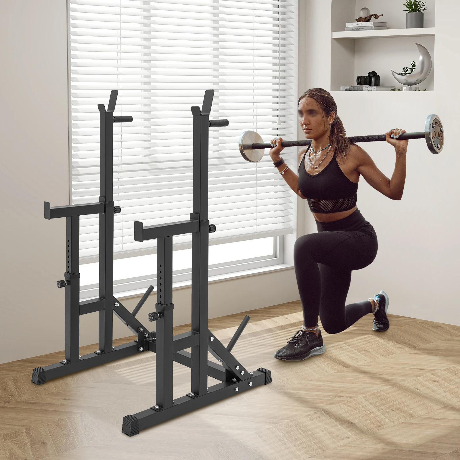 Black Adjustable Multi-function Barbell Rack Floor Mounted