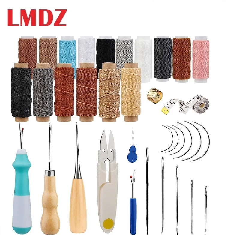 

LMDZ 35Pcs Sewing Tools Include Wax Thread Curved Needle Tape Measure Scissors and Awl Threading Tools for Hand Made Accessories