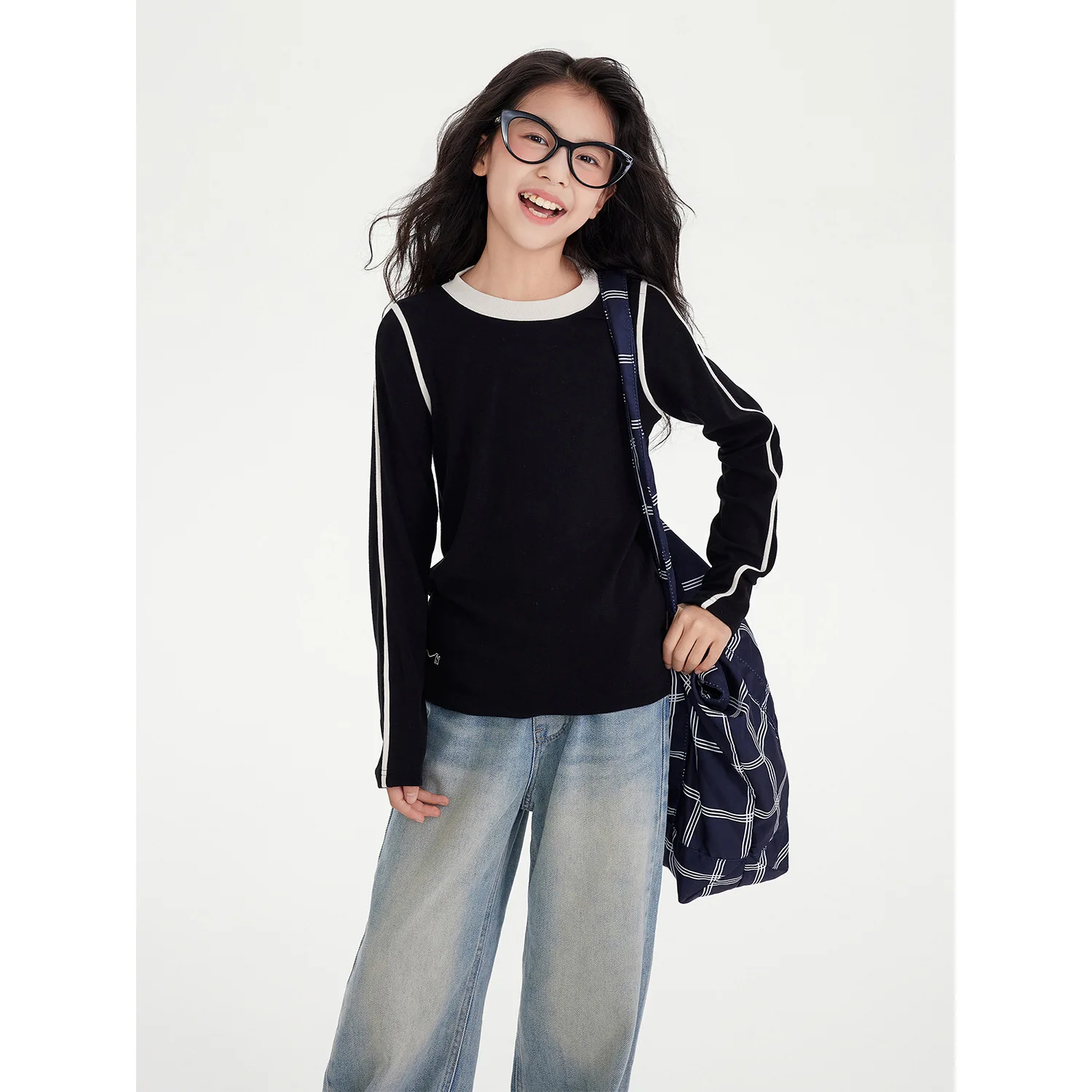 

Spliced Long-sleeved T-shirt Crew Neck Tops Trendy Grils Children Fashionable Comfortable Korean Loose Casual All-matching