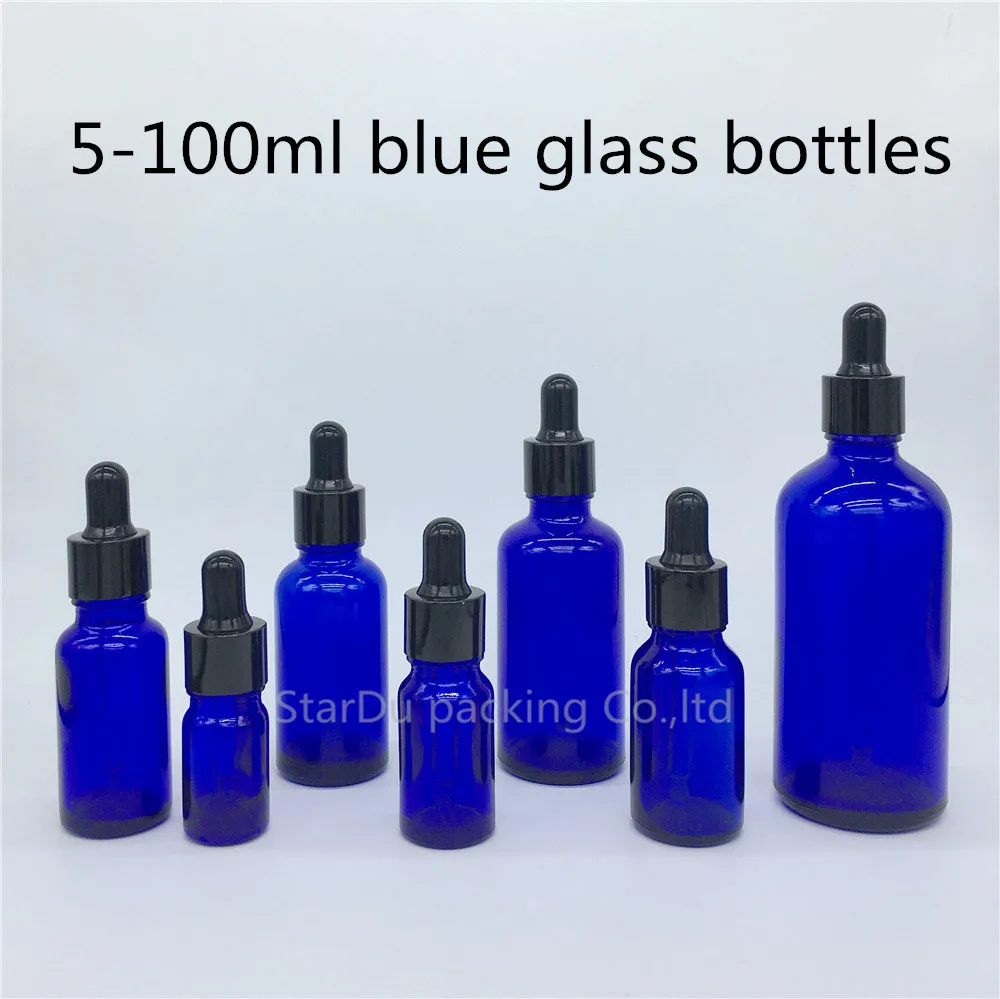 

5ml, 10ml,15ml,20ml,30ML,50ml,100ml Blue Glass Bottle With Black Dropper Essential Oil Bottle , Blue Perfume Bottles 480pcs/lot