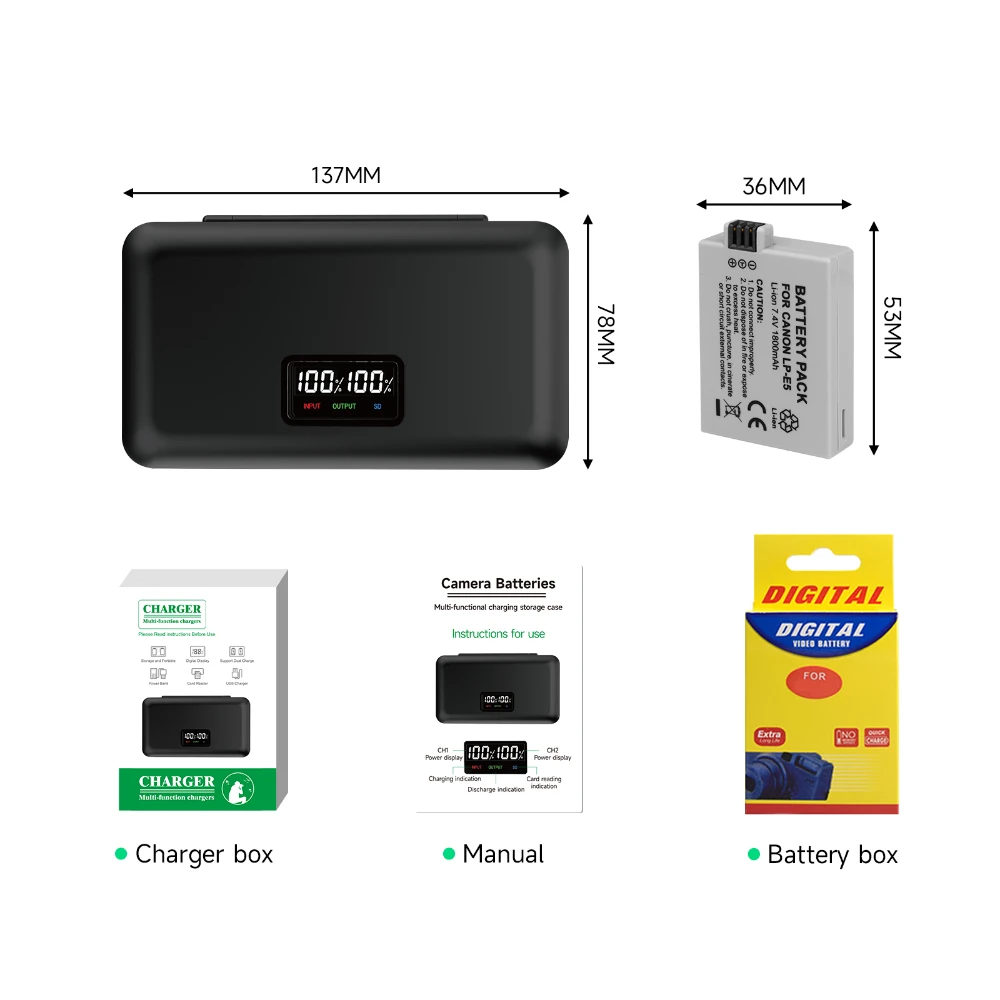 Bateria 1800mAh LP-E5 LPE5 + inteligentna obudowa z ładowarką LCD do Canon EOS Rebel XS, Rebel T1i, Rebel XSi, 1000D, 500D, 450D,Kiss X3,X2,F