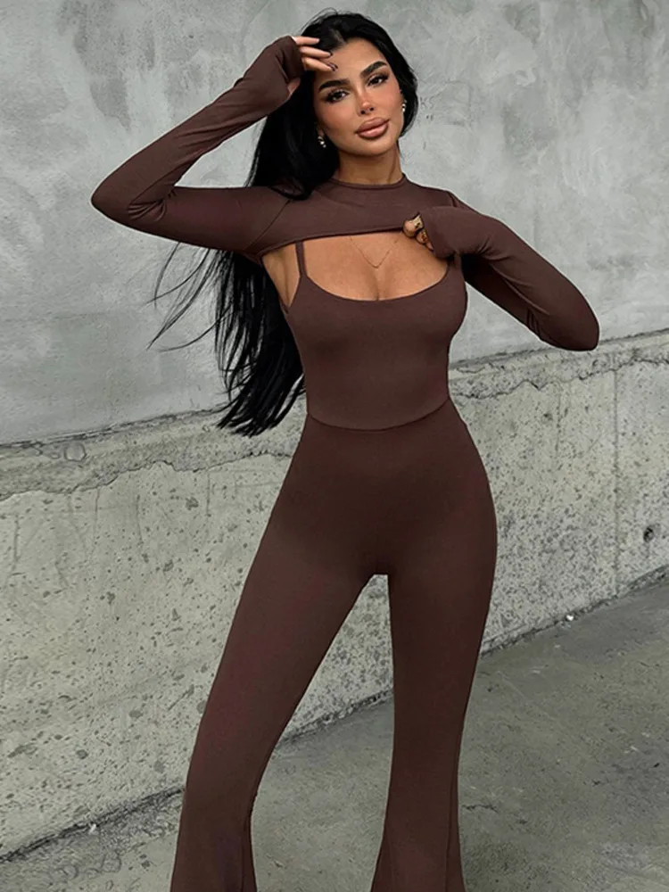 Articat Fashion Stretch Tight Long Sleeve Top Strap Jumpsuit Set For Women Sexy Hollow Out Slim Two Piece Set Winter New2025 Set