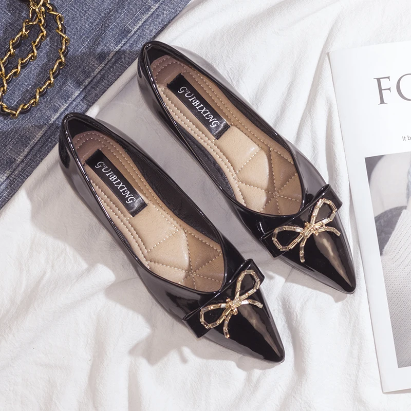 Large Patent Leather Rhinestone Lolita Single Shoe Pointed Soft Sole Shallow Cut Women's Flat Shoes Spring New Bow Ladies Shoes