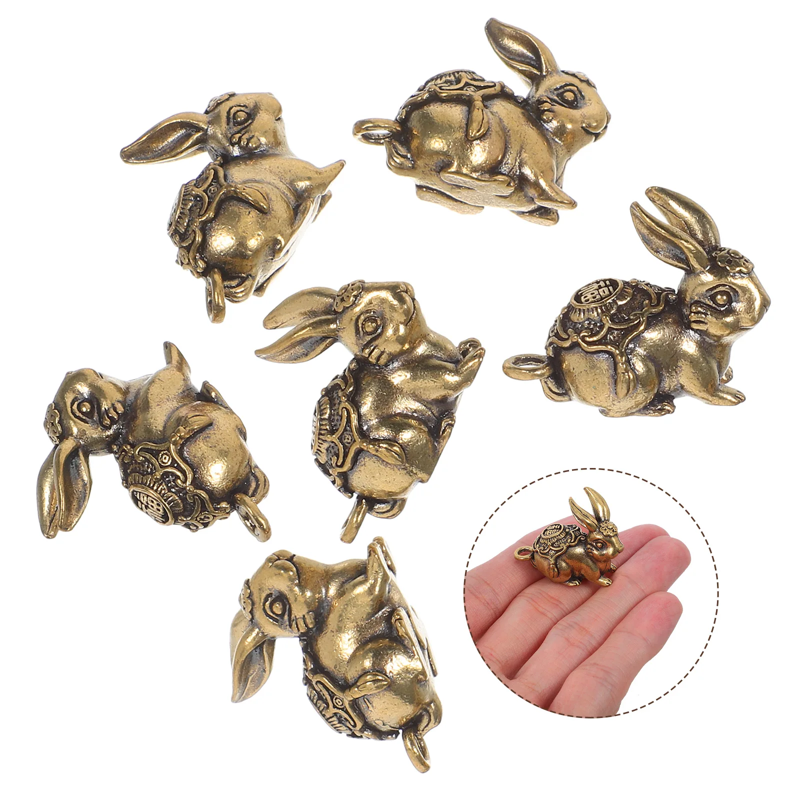 

6 Pcs Brass Rabbit Pendant Decor Bunny Key Chain Car Rings Animal Figurines Bag Charm Ornament Animals