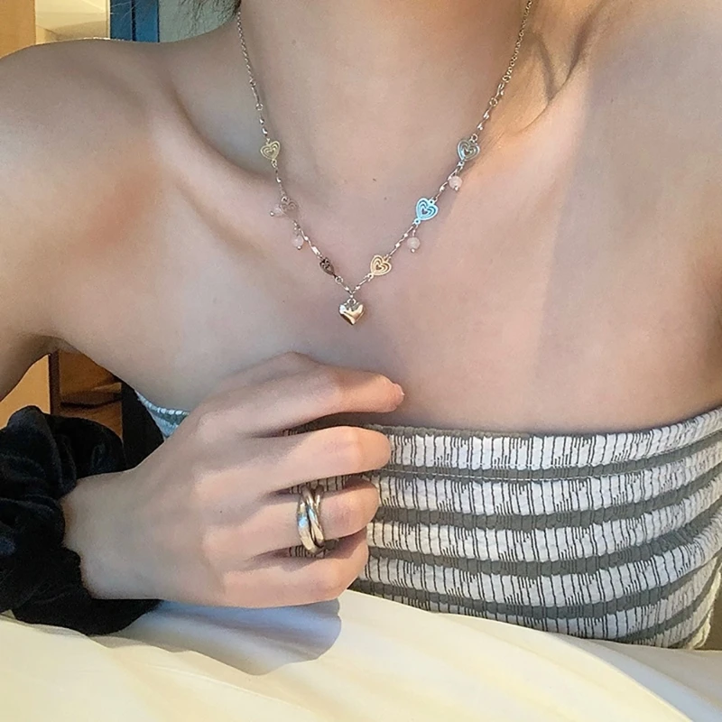 Y1UB Fashion Pink Crystal Heart Pendant Necklace Temperament Charm Choker Neck Chain image 2