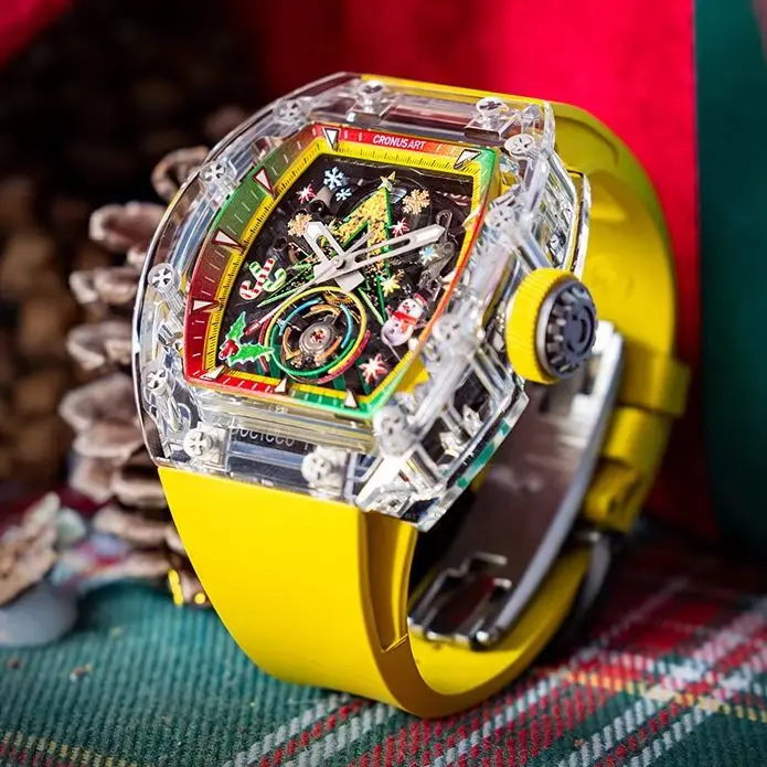 

CRONUSART Мужские автоматические часы 50 мм Tonneau Механические наручные часы Акриловый корпус Люм Фторкаучуковый ремешок Скелет Рождественский циферблат