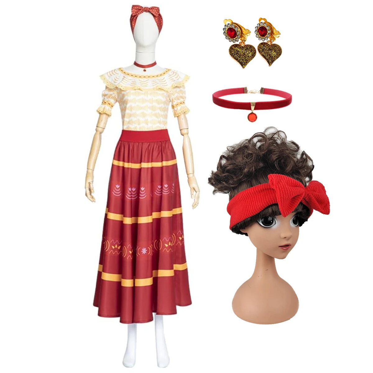 Disfraz de cosplay de Dolores Madrigal de Encanto para mujer/niña, con peluca, aretes y conjunto completo.