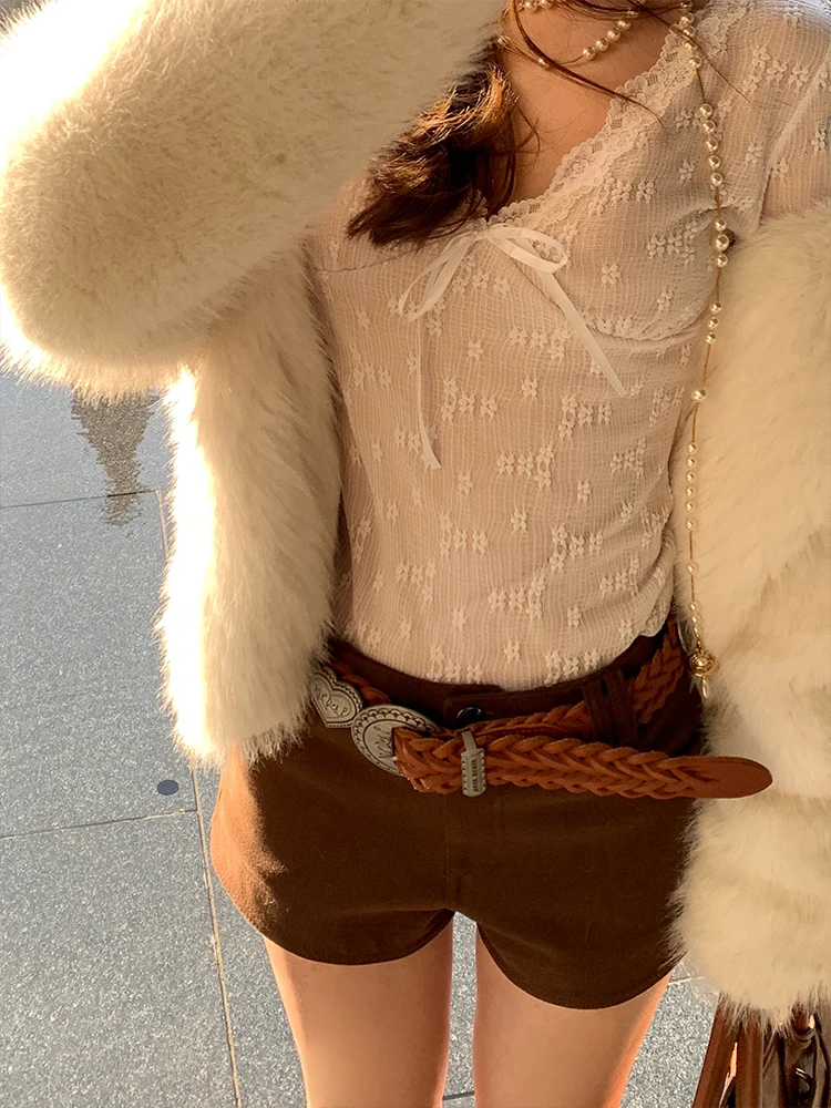 

Женские модные брюки прямого кроя из винтажной замши коричневого цвета с двойным слоем подкладки из флиса и кружевной отделкой, для повседневной носки, с V-образным вырезом.