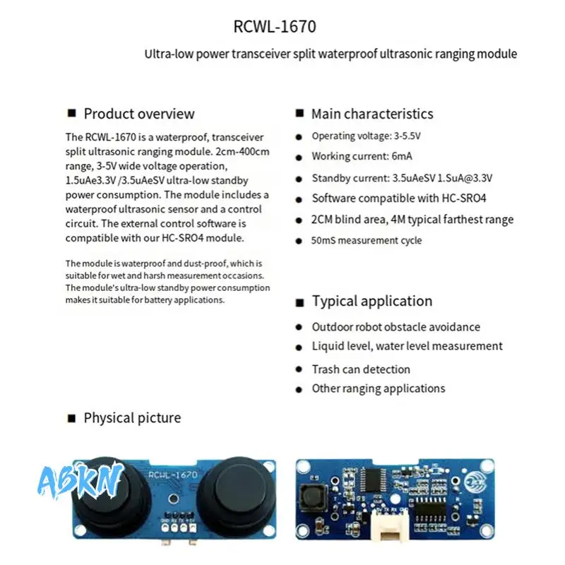 ABKN-2Pcs RCWL-1670 Waterproof Transceiver Split Ultrasonic Ranging Module 2Cm-400Cm Distance For Water Level Measurement