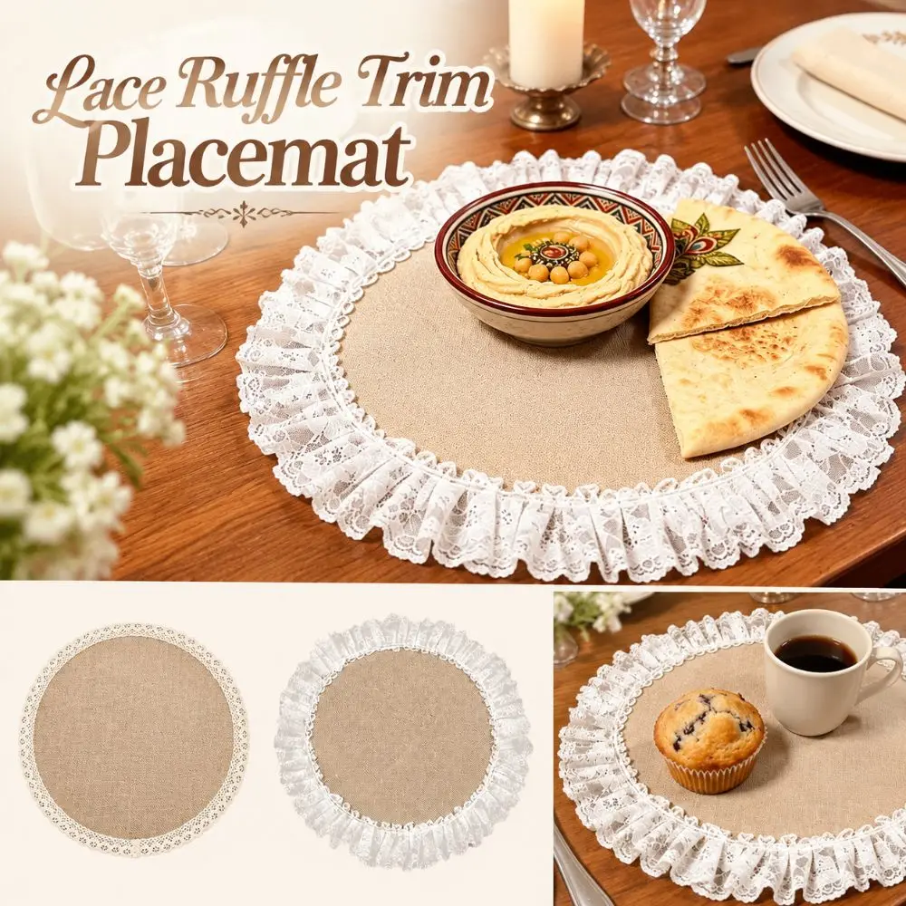 Vintage Look Lace Trim Jute Placemat Round Rustic Style Lace Doily Ruffle Edge Coaster Kitchen Dining