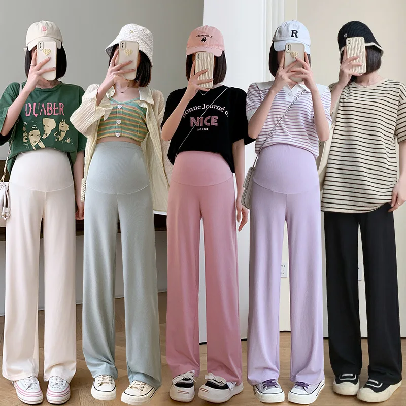 Maternity Clothings Maternity Wide Leg Pregnancy Pants Wear Trousers with Vertical Stripes Clothes for Pregnant Women