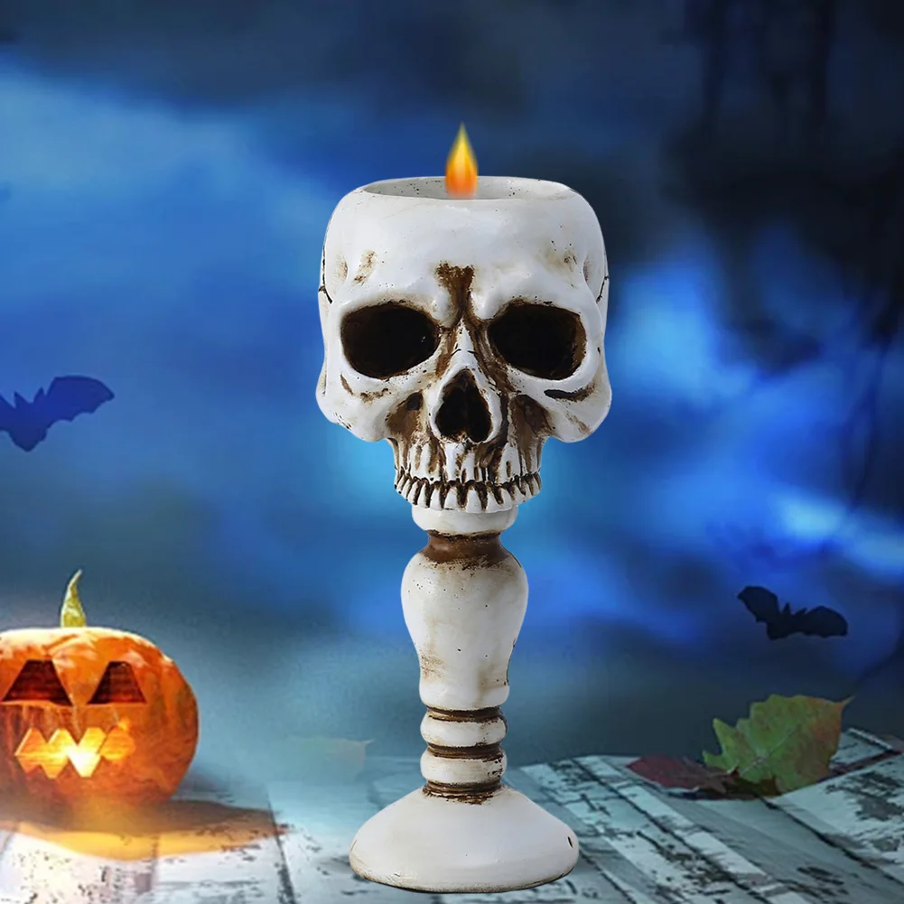 Pillar Candlestick Holder Gothic Skull Tealight Holder Resin Candlestick Table Decor Ornament for Halloween Decorations