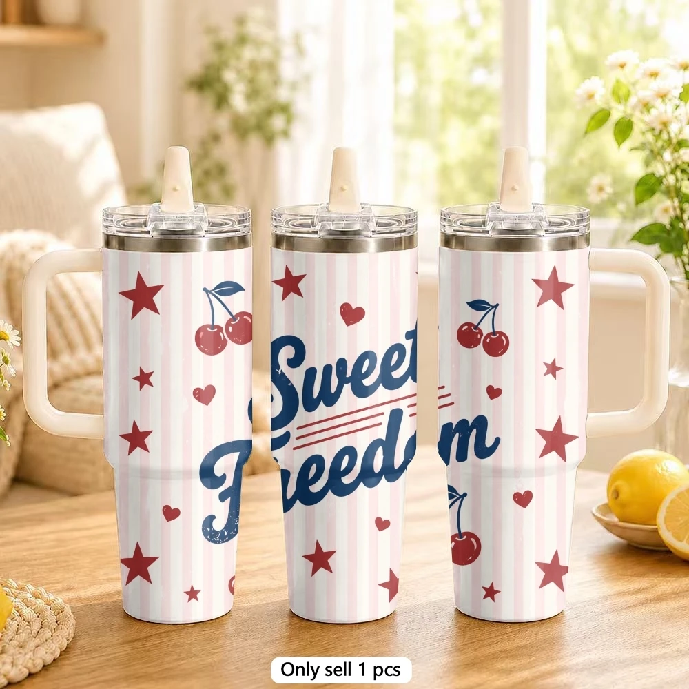 Celebrating Freedom Vacuum Flasks 40oz Stainless Steel Tumbler with Handle Straw Lid Vacuum Insulated Double Wall Leak Proof