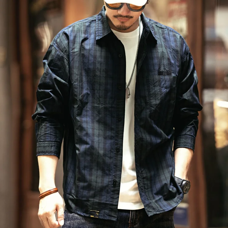 American Retro Plaid Shirt Men's Spring Autumn Loose Jacket Versatile Japanese Shirt Work Jacket Trendy