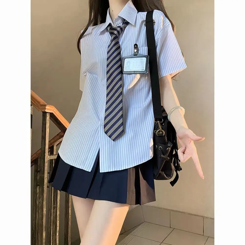 Uniforme JK de Style Preppy Japonais pour Femme, Ensemble 3 Pièces, Chemise Rayée à Manches Courtes, Jupe Plissée Trempée, Nouvelle Mode d'Étudiante, Été