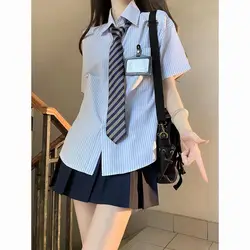 Japan Preppy Style JK Uniform 3 Piece Sets Summer New Women Fashion Student Sweet Short Sleeve Striped Shirt Pleated Skirt Suit