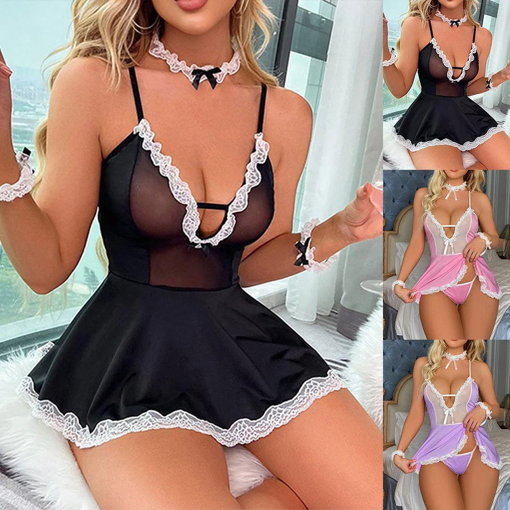 

Sexy Sleepwear Deep-V Night Dress Women Sleeping Nightgown Lace Nightie Lingerie Sleeveless Hanging Neck Strap Erotic Dress