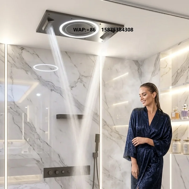 COMO Bathroom Grey Brass Thermostatic Shower Set with Ceramic Valve Core LED Music Shower Head Massage Jet Rain Spray Bath
