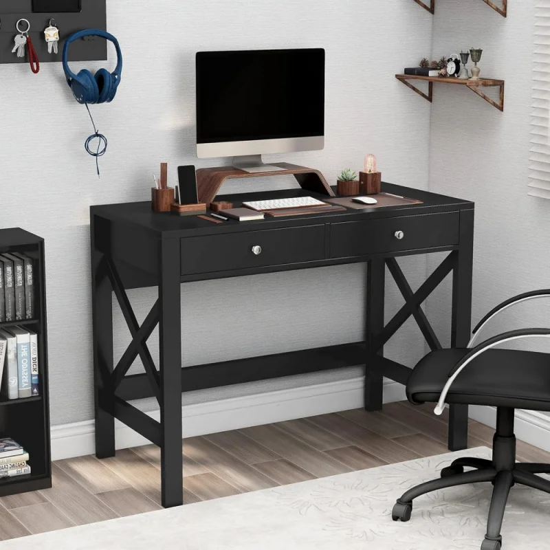 Home Office Desk Writing Computer Table Modern Design Black Desk with Drawers, Makeup Vanity Table