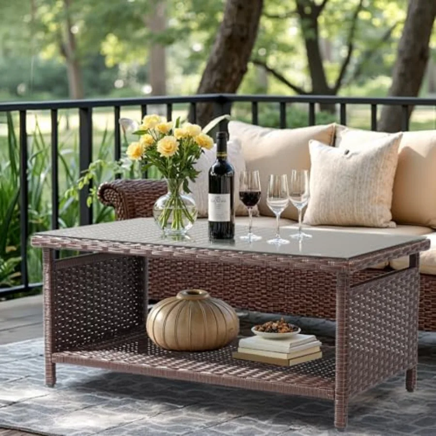 Outdoor Wicker CoffeeTable Patio Coffee Tables for Outside, Tempered Glass Top Wicker Table with Storage Coffee Table for Patio