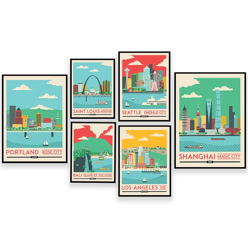 Boston, New York City, Portland, Los Angeles, London, Seattle, Singapore, Bali, San Francisco, St. Louis, Chicago travel posters