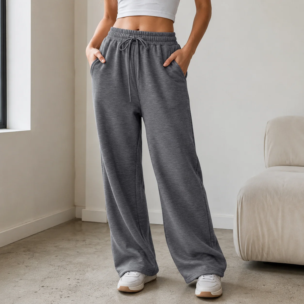 Summer Women Sweatpants 14 Colors Wide Leg Sports Joggers Comfortable Drawstring Elastic Waist Casual Pants with Side Pockets