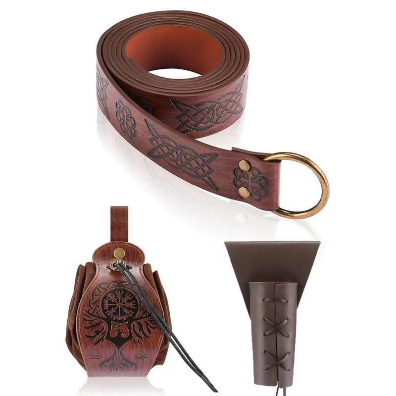 

3pcs medieval retro embossed belt unisex belt/waist pack/scabbard set Viking role-playing and Renaissance activities Halloween