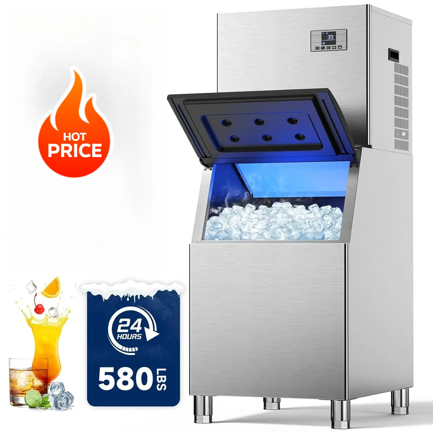 

Commercial Ice Maker Machine 580Lbs/24H, 380Lbs Storage, 1033W Stainless Steel Automatic Cube Ice Machine for Restaurant Bar