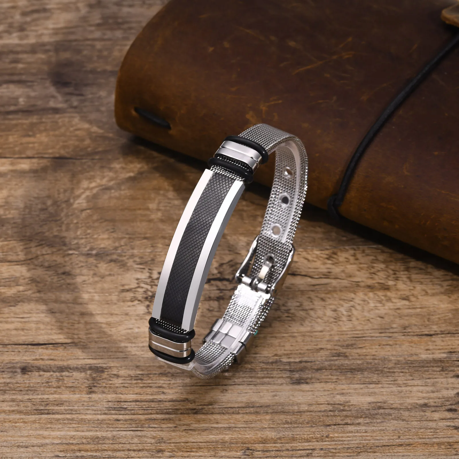 Mens Mesh Bands Bracelets, Waterproof Stainless Steel ID Bar Wristband Gifts to Husband Dad Father Son, Length Adjustable