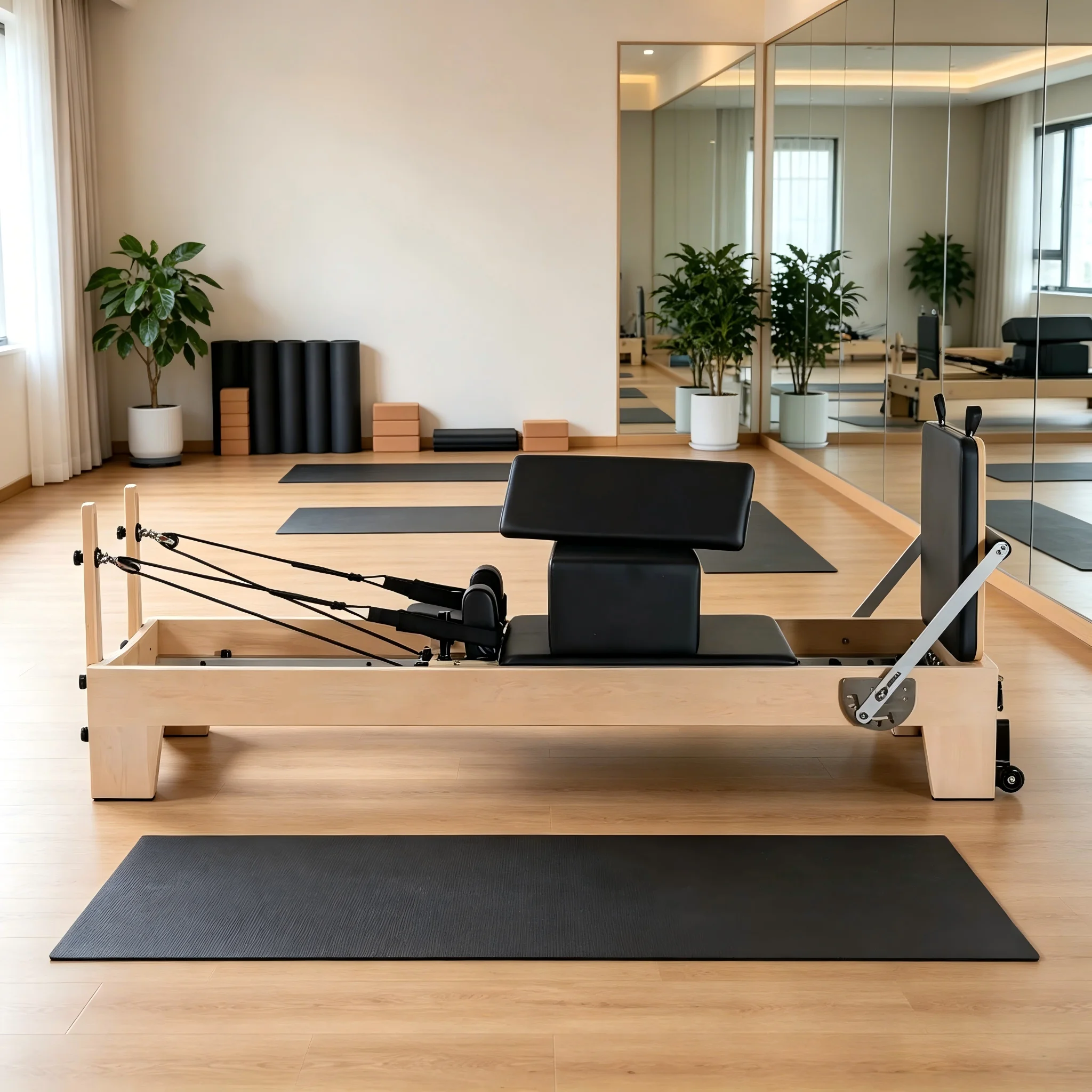 Pilates Reformer met veren, premium eikenhouten apparatuur voor thuisstudio voor kracht-, flexibiliteits- en core-training