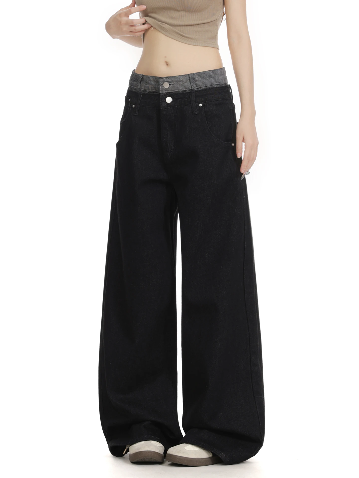 American High Street Double Waist Head Fake Two-Piece Jeans Loose Wide Leg Straight Cut Long Pants for Men And Women Vintage ...