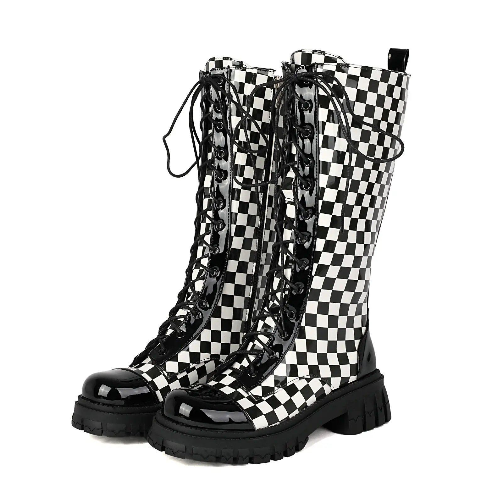 

Women's Platform Combat Boots Checkered Mid Calf Booties Chunky Heel Lace Up Side Zipper Goth Motorcycle Shoes