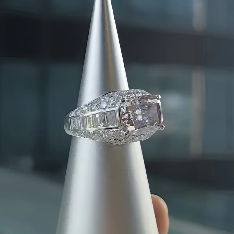 6.5ct Fancy Pink Radiant Cut VS/VVS Lab Grown Diamond Wedding Band About 3.67ctw Side Stones 14K Gold Unisex Band