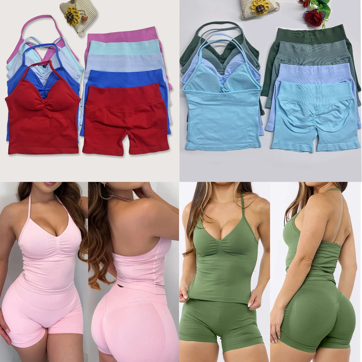 

2 Pieces Yoga outfits DF Impact Gym Longline Strappy Top Women Tank Top Scrunch Seamless Shorts Sports suits Workout fitness Set