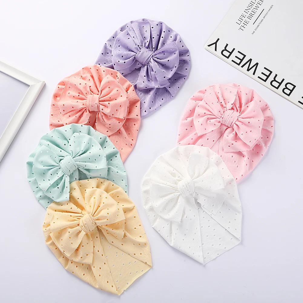 Spring Summer Baby Girl Turban Hat Eyelet Hollow Infant Toddler Newborn Cap Bonnet Hair Bow Knot Headwraps Handmade Kid Beanies