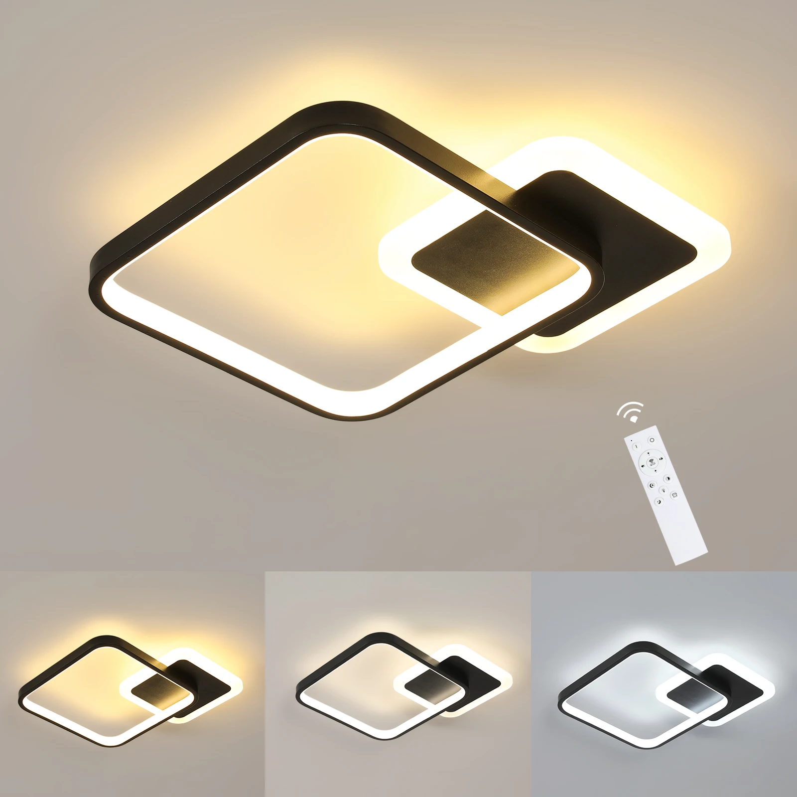 Lampada da soffitto a LED nera, da incasso, con telecomando, design quadrato, intensità luminosa regolabile, temperatura colore 3000-6500K, ideale per soggiorno, sala da pranzo, cucina e camera da